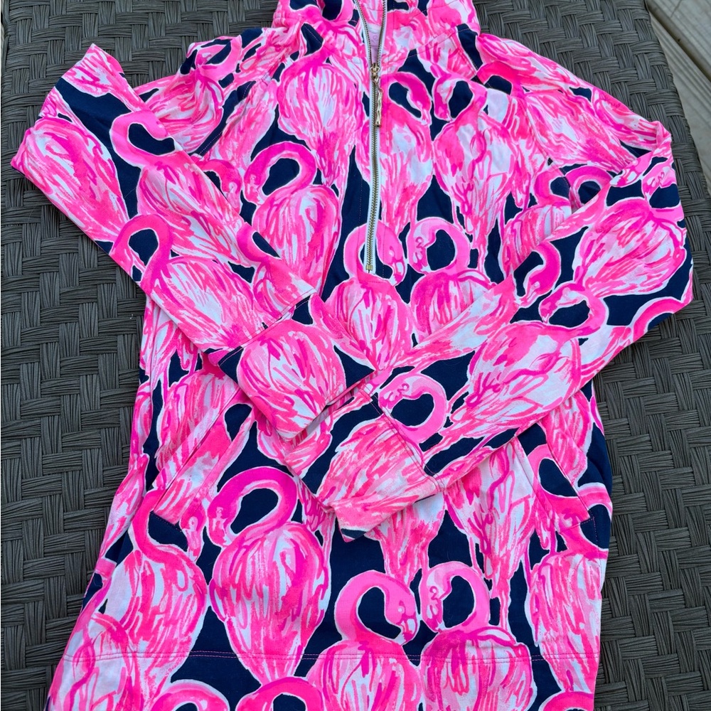 Lilly Pulizer PINK Navy Flamingo Zip Pullover XXS 0-4 Resort Beach Top Cotton - Picture 4 of 6